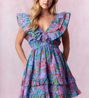 Floral Print Cotton Poplin Ruffled Mini Dress