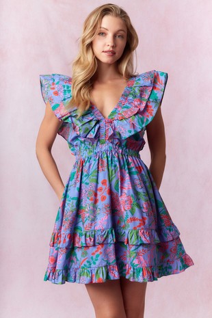 Floral Print Cotton Poplin Ruffled Mini Dress