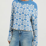Rosa Clothing - Boho Floral Motif Rolled Neck Knit Sweater