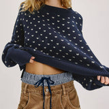 Rosa Clothing - Hearts Pattern Cropped Pullover Sweater