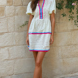 EYELET PUFF SLEEVE MINI DRESS