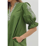 STYLE USA - Floral embroidered sleeve Solid mini dress