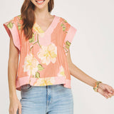 Strut & Bolt - Tropical Hibiscus V-neck Pintuck Blouse