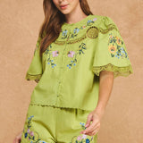 Strut & Bolt - Embroidered Floral Lace Detail Scalloped Short Sleeve Top