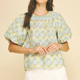 PINCH - TROPICAL PALM PRINT PUFF SLEEVE TOP - 7163TA