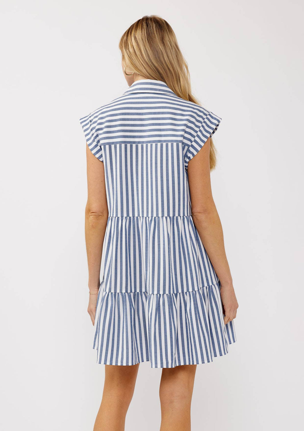 Lovestitch - Striped Collared Button-Down Tiered Dress