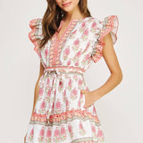 Strut & Bolt - Floral Block Print Poplin Ruffle Sleeve Mini Dress