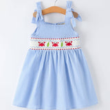Rylee Faith Designs - Crab Embroidered  Smocked Girl Dress