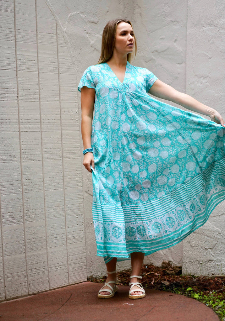 Dolma - Amaryllis Maxi Dress Turquoise Block Printed