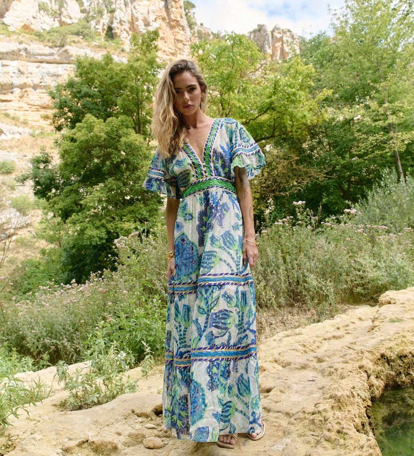 Piti Cuiti - OCEAN PEARL LONG DRESS WITH SHORT SLEEVES