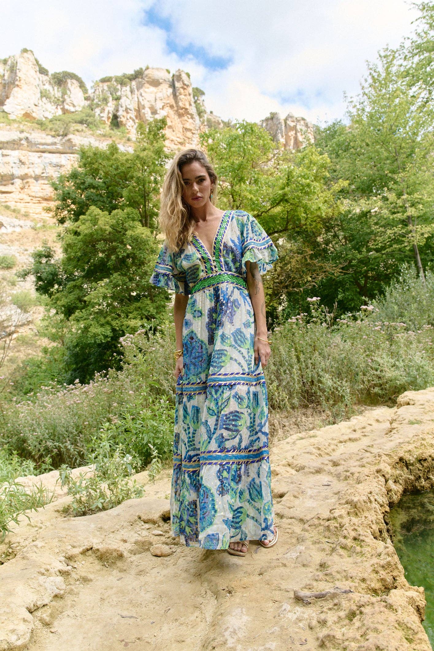 Piti Cuiti - OCEAN PEARL LONG DRESS WITH SHORT SLEEVES