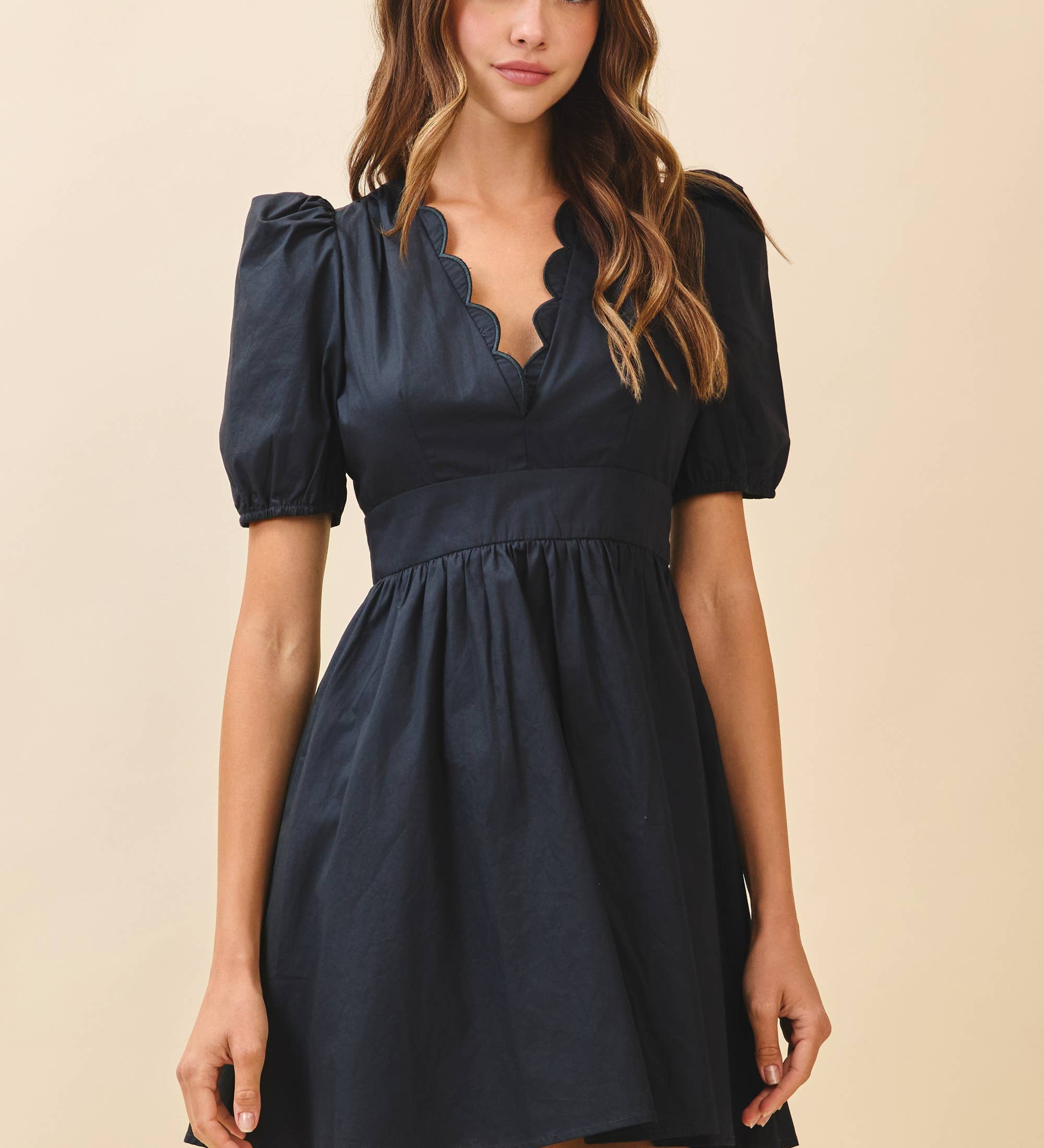 Tcec - CD05988-Scalloped V Neckline Self Tie Sash Mini Dress Tcec - CD05988-Scalloped V Neckline Self Tie Sash Mini Dress