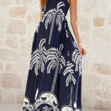 Rosa Clothing - Tropical vacation palm print A-line strappy maxi dress