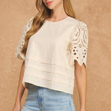 Strut & Bolt - Eyelet Embroidery Flutter Short Sleeve Pintuck Blouse