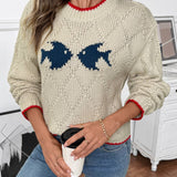 Rosa Clothing - Contrast Trim Fish Pattern Crewneck Knit Sweater