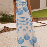Rosa Clothing - Ocean Inspired scallop print Spaghetti straps maxi dress