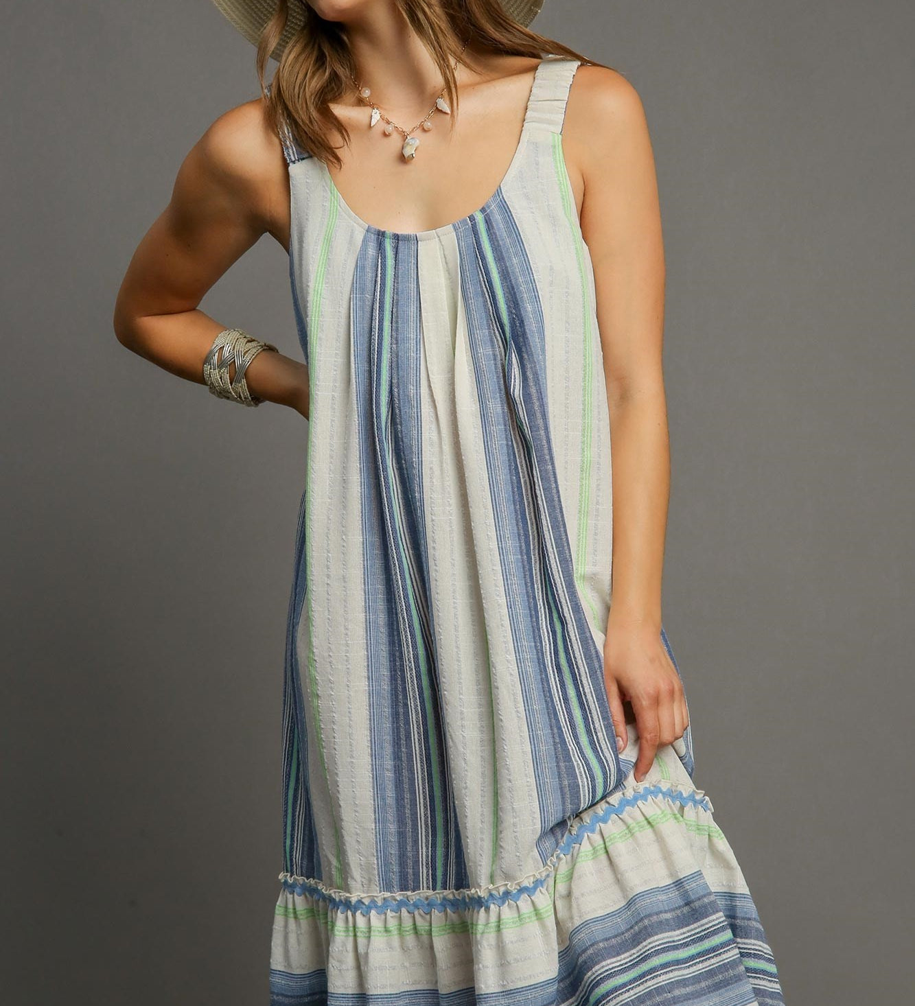 Striped Round Neck A-Line Midi Dress with Ric Rac Trim