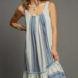 Striped Round Neck A-Line Midi Dress with Ric Rac Trim