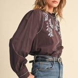 &MERCI - EMBROIDERED RUFFLED MOCK NECK TOP MTP5289