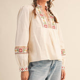 &MERCI - FLORAL CROSS STITCH EMBROIDERED PUFF SLEEVE TOP MTP4089