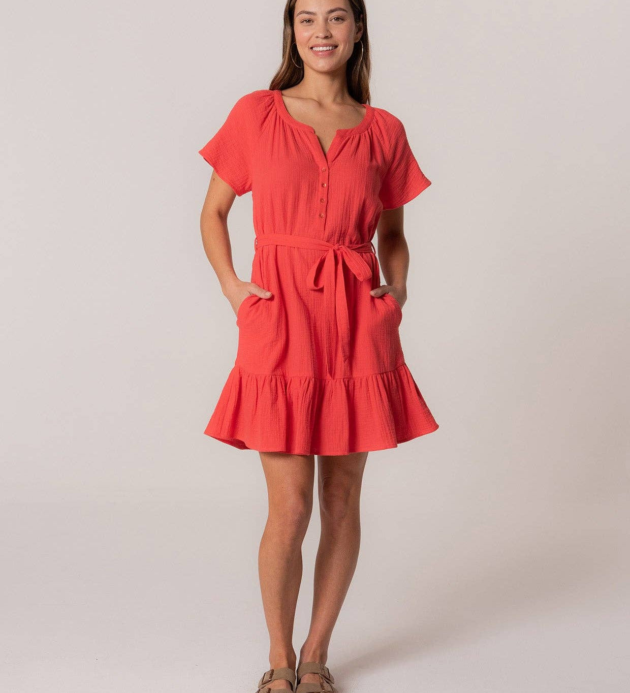 Lovestitch - Classic Cotton Gauze Short Sleeve Red Mini Dress