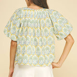 PINCH - TROPICAL PALM PRINT PUFF SLEEVE TOP - 7163TA