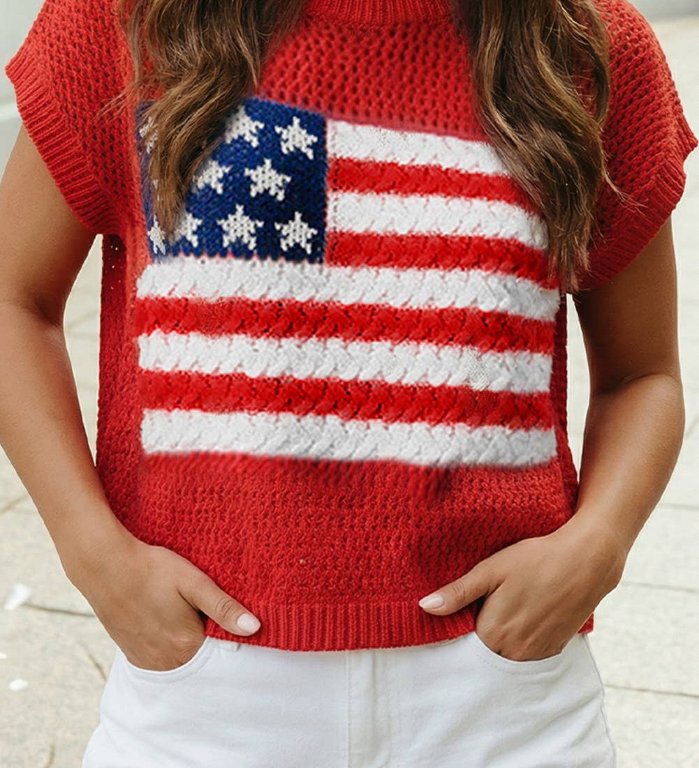 1 the Woman - 4th of July Flag  Short Sleeve Graphic Sweater Top