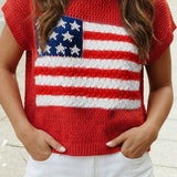 1 the Woman - 4th of July Flag  Short Sleeve Graphic Sweater Top