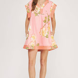 Strut & Bolt - Tropical Hibiscus V-neck Pintuck Mini Dress