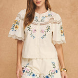 Strut & Bolt - Embroidered Floral Lace Detail Scalloped Short Sleeve Top