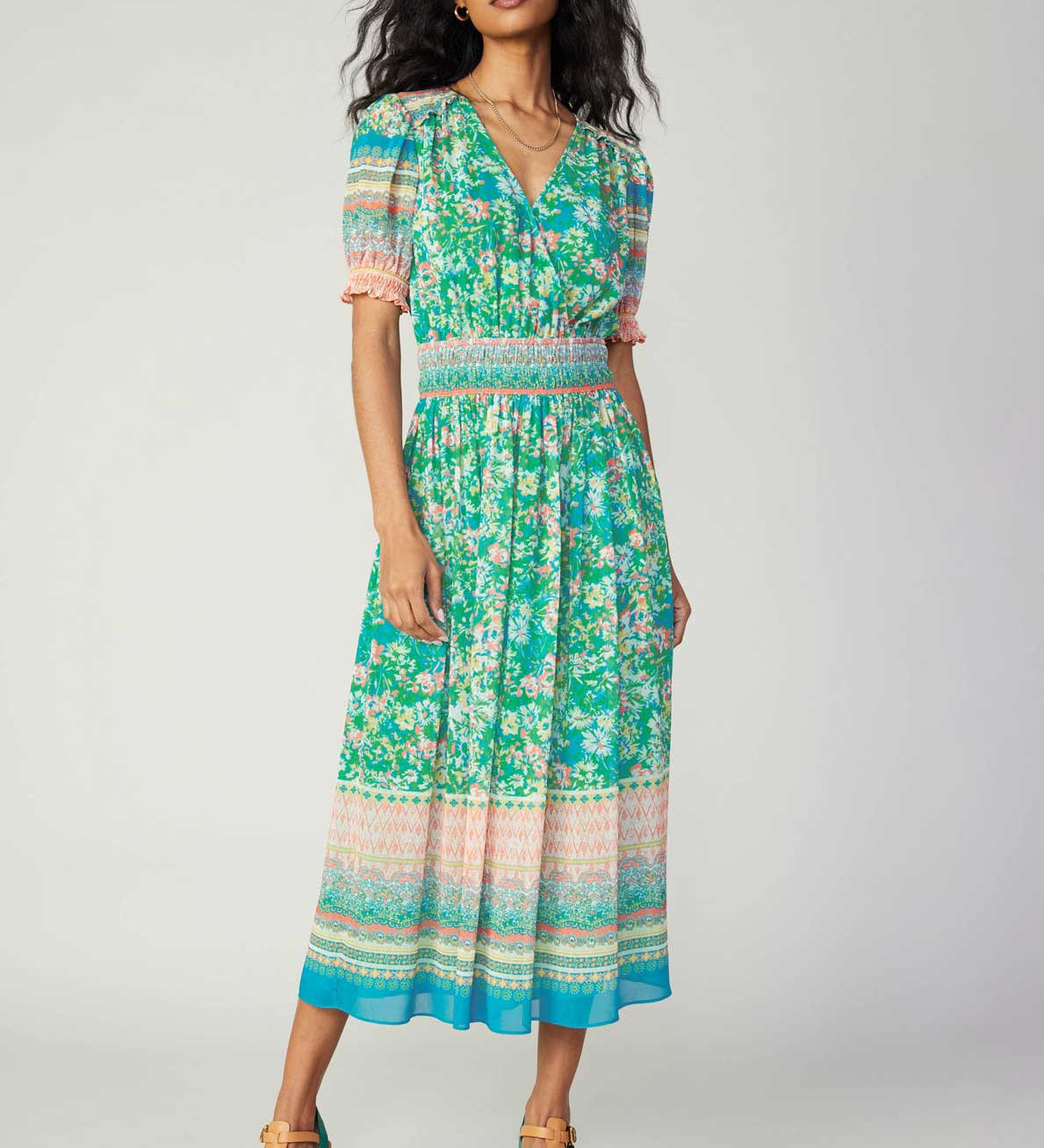Current Air - Floral Border Print Surplice Midi Dress