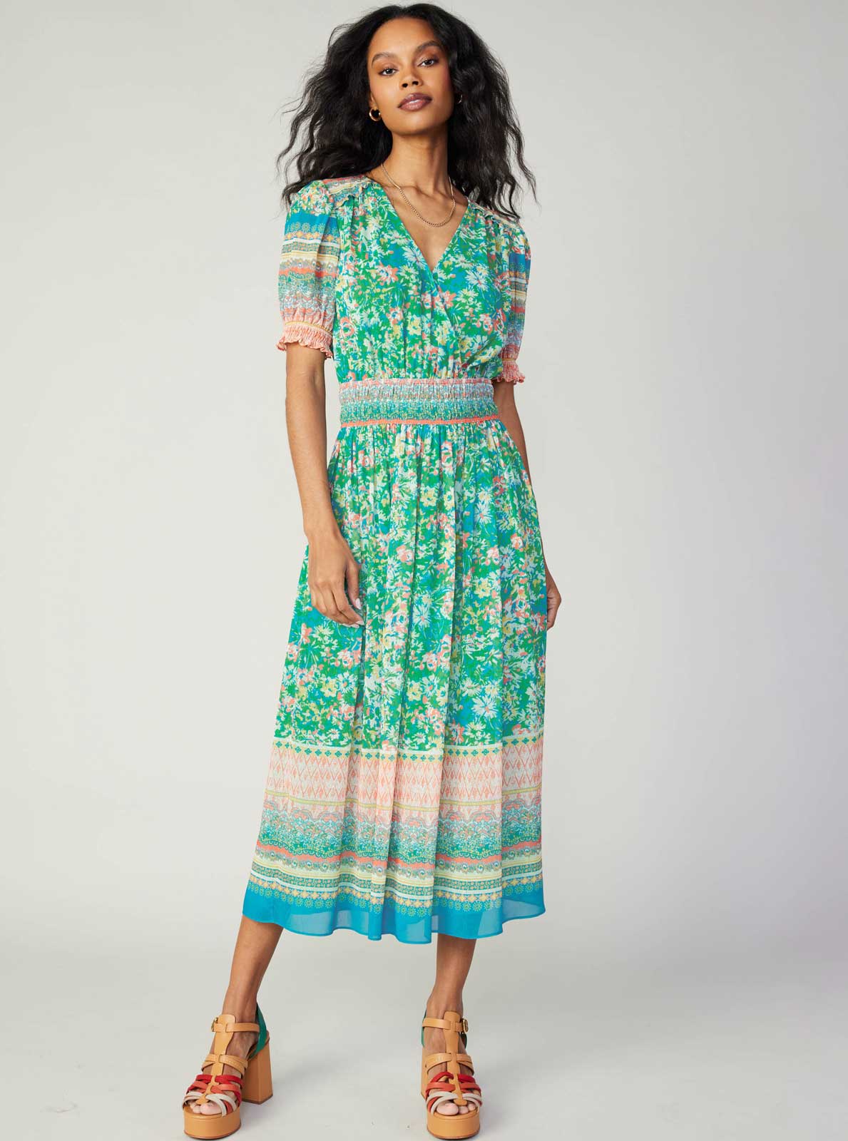 Current Air - Floral Border Print Surplice Midi Dress