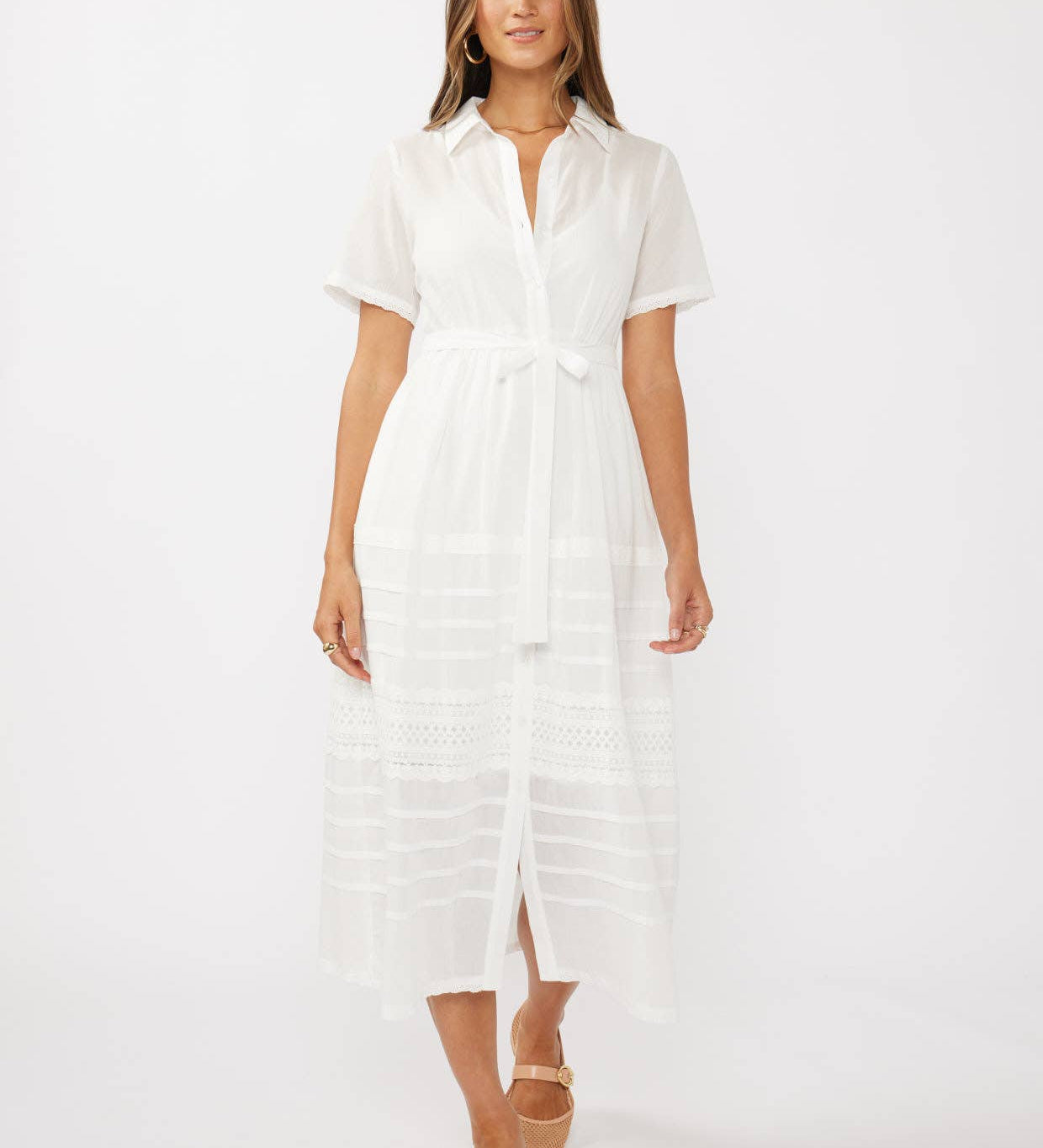 Lovestitch - Lace-Trimmed Button-Down Cotton Midi Shirt Dress