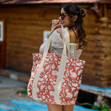 Anju Jewelry - Handcrafted Canvas Bag with Block-Printed Orange Flower Bed