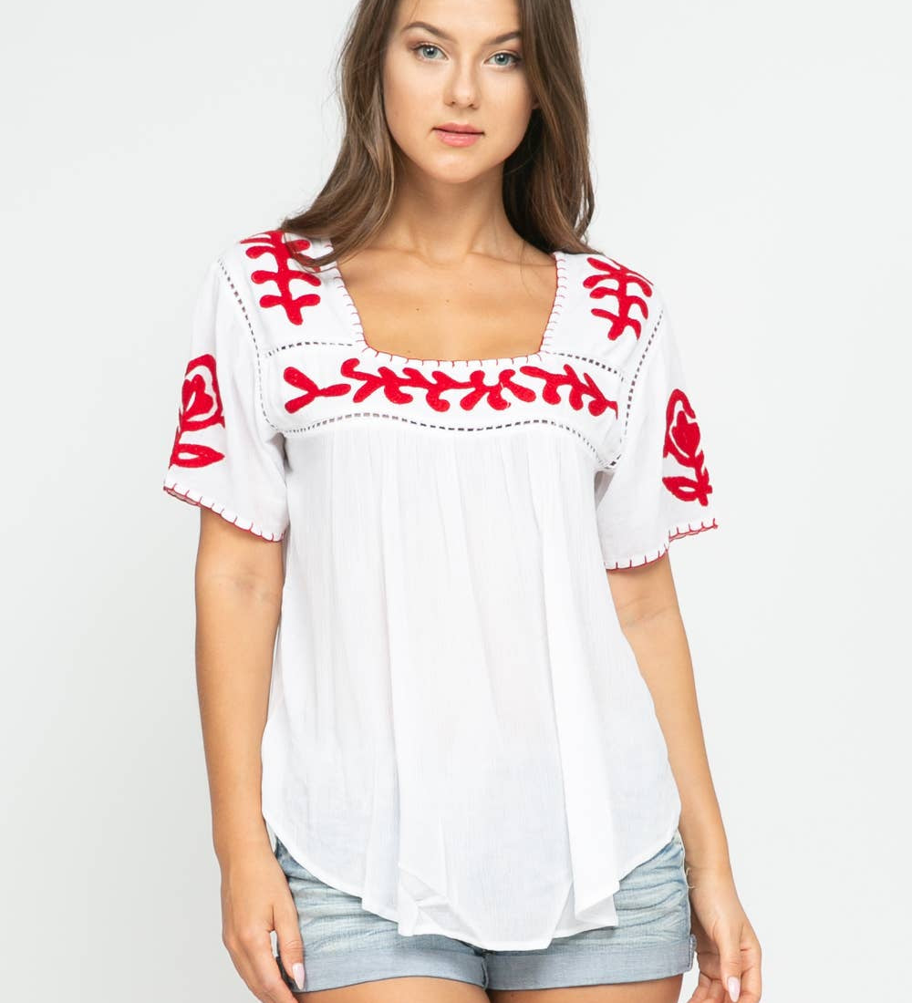 Sandy Embroidered Top White-Red