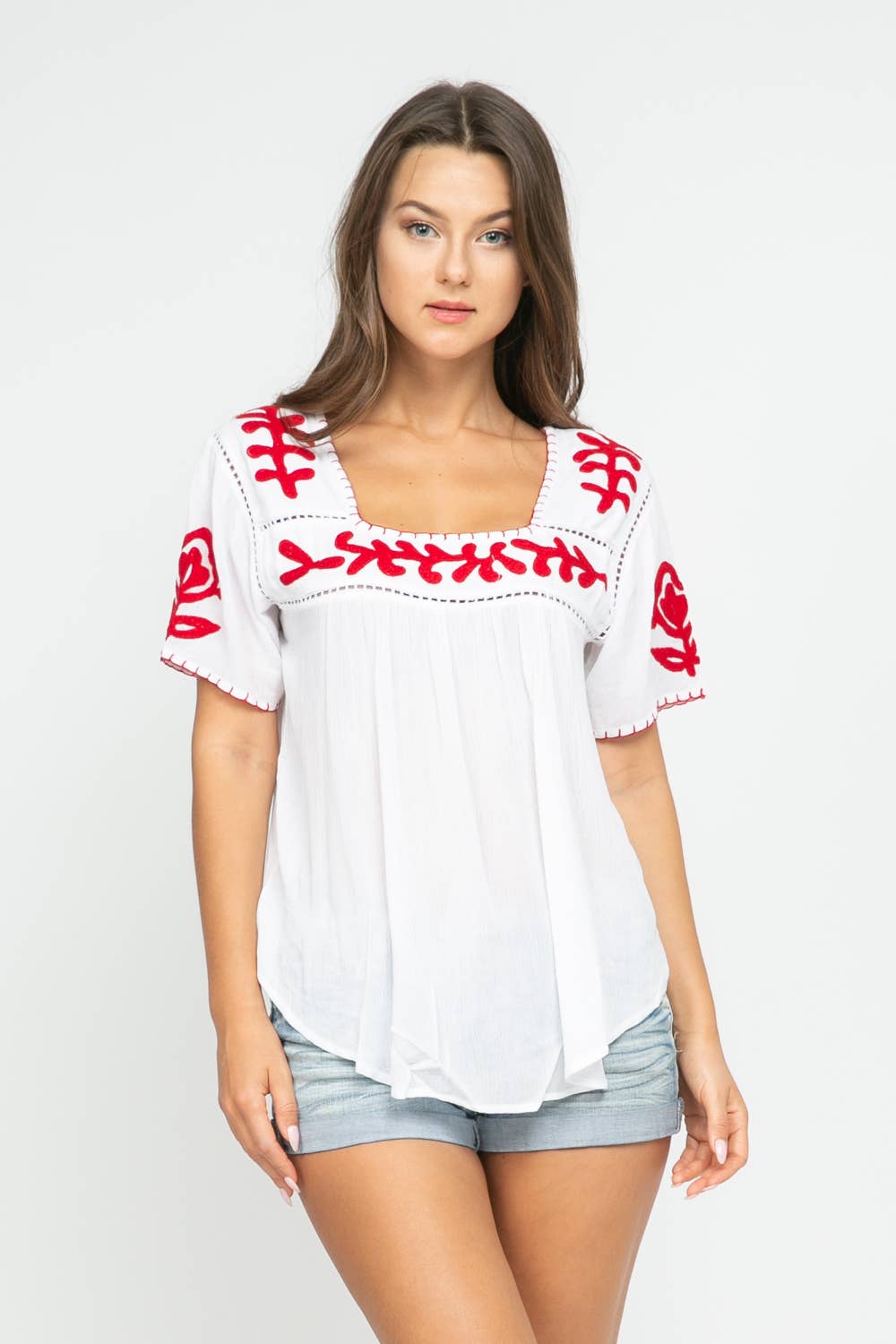 Sandy Embroidered Top White-Red