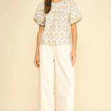 PINCH - TROPICAL PALM PRINT PUFF SLEEVE TOP - 7163TA