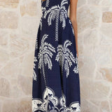 Rosa Clothing - Tropical vacation palm print A-line strappy maxi dress