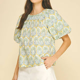 PINCH - TROPICAL PALM PRINT PUFF SLEEVE TOP - 7163TA