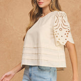 Strut & Bolt - Eyelet Embroidery Flutter Short Sleeve Pintuck Blouse