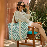Anju Jewelry - Handcrafted Canvas Bag with Block-Printed Teal Marigold