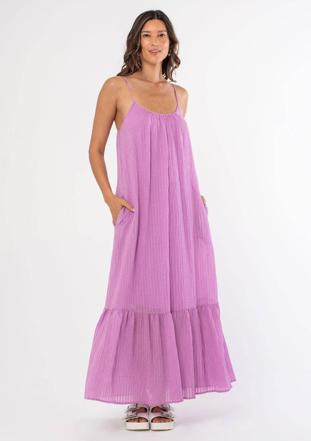 Lovestitch - Striped Scoop Neck Ruffle Hem Maxi Dress