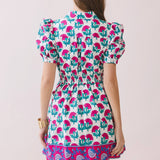 TCEC - CD06754-Floral Puff Sleeve Mini Dress With Border Hem