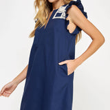 Crochet Detail Linen Mini Dress