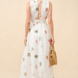 Seashell Embroidered Plunge Neck Maxi Dress