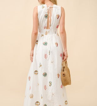 Seashell Embroidered Plunge Neck Maxi Dress