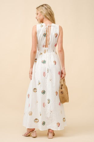 Seashell Embroidered Plunge Neck Maxi Dress