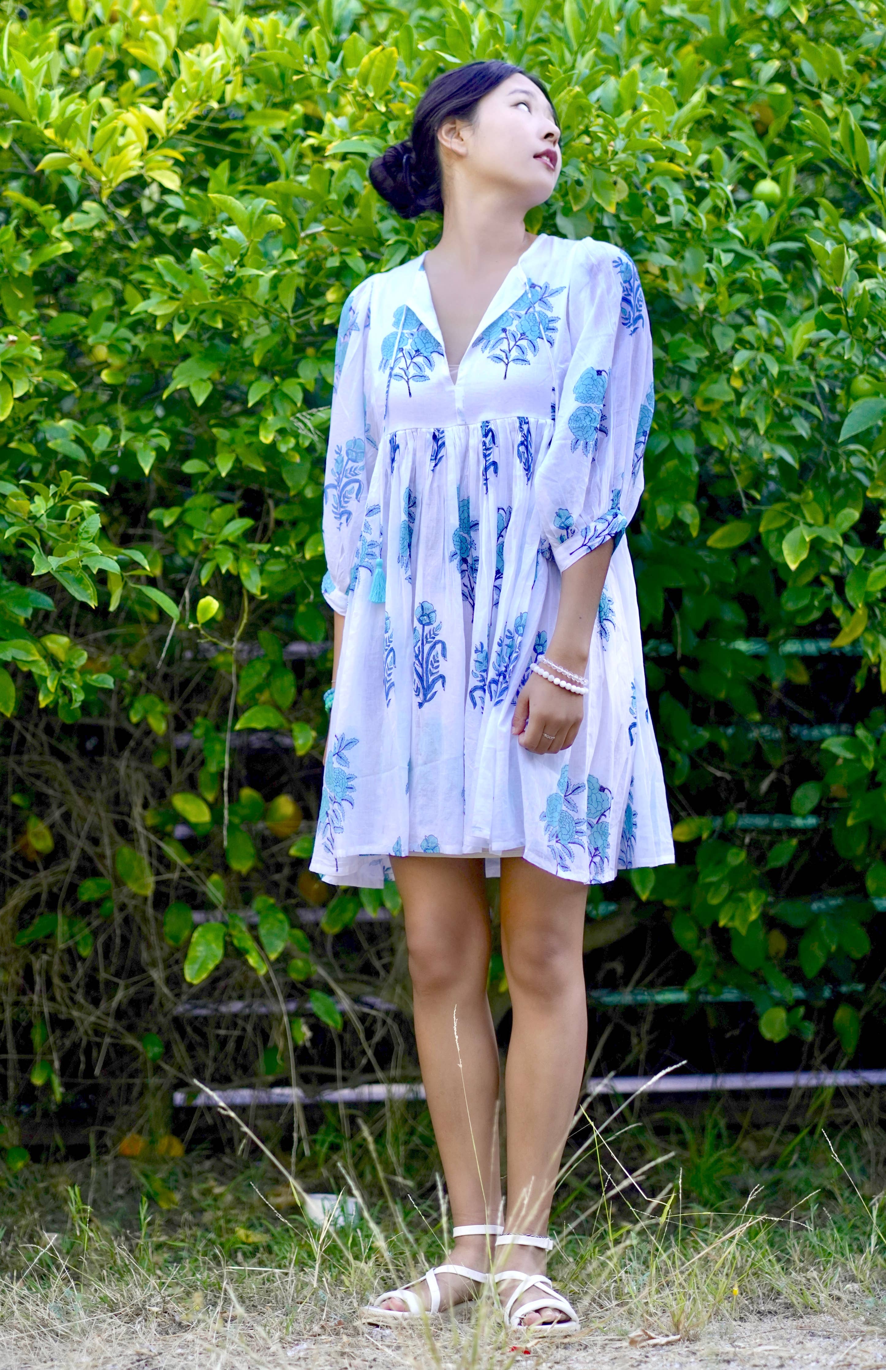 Dolma - Raya Block Printed Mini Dress White Turq