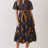 TCEC - CD07350-Floral Print Tiered Midi Dress with Waist Tie
