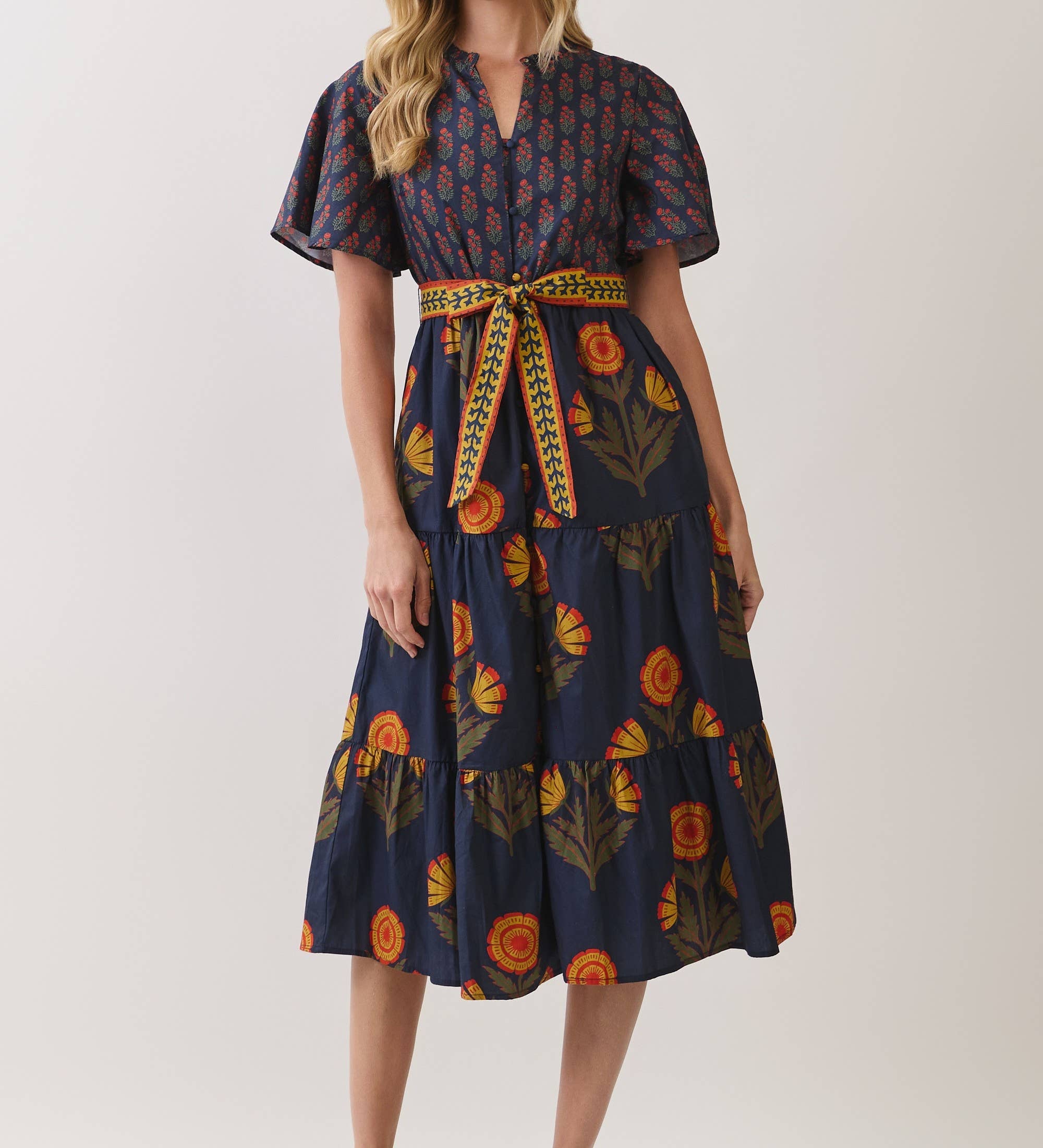 TCEC - CD07350-Floral Print Tiered Midi Dress with Waist Tie
